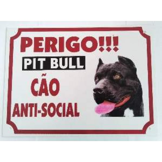 PLACA PERIGO PIT BULL NEGRO 25X33